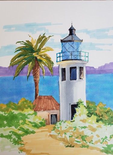 a painting of a lighthouse on the beach with palm trees and water in the background