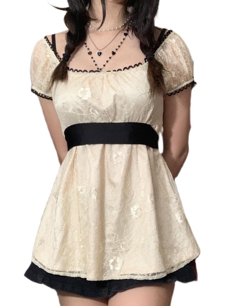 Sunisery Women's Vintage Lace Flower Dress Tops Elegant Puff Short Sleeve Square Neck Babydoll Tunic Mini Dress White XL - Walmart.com 2000s Aesthetic Outfits, Lace A Line Dress, Vintage Girls Dresses, Kawaii Dress, Slim Fit Top, Fairy Grunge, Korean Outfits, Fesyen Wanita, Lace Tops