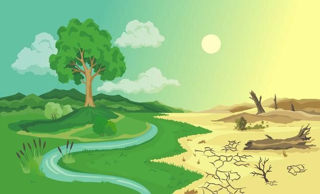 a cartoon scene with a river running through the middle of a desert land and trees