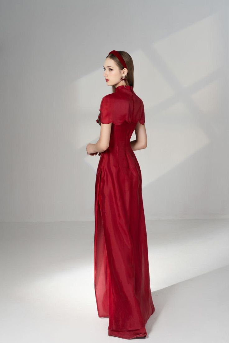 Brianna Sheath Flower Applique Silk Organza Floor Length Ao Dai | MEAN BLVD Luxury Organza Floor-length Dress, Luxury Floor-length Organza Dresses, Elegant Floral Embroidered Gown For Gala, Elegant Gown With Floral Embroidery For Gala, Elegant Gala Gown With Floral Embroidery, Red Organza Dress For Gala, Floor-length Organza Evening Dress For Banquet, Red Fitted Bodice Organza Dress, Elegant Floral Embroidered Maxi Dress For Wedding