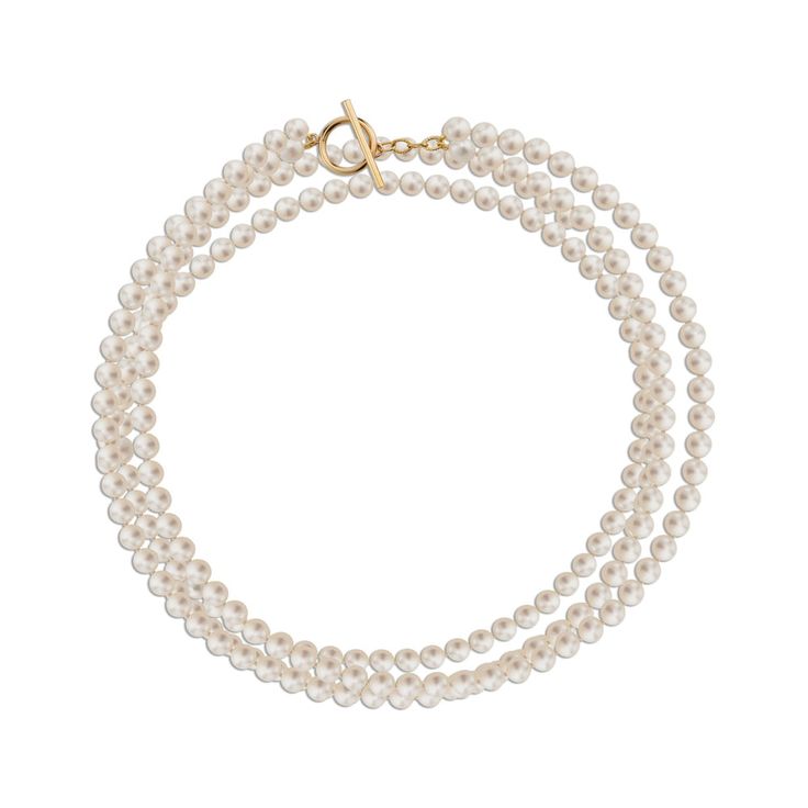 Freshwater cultured button pearl necklace with a 14k gold-filled toggle clasp. Double-strand opera length that can be worn wrapped around itself for a shorter-length, layered look.