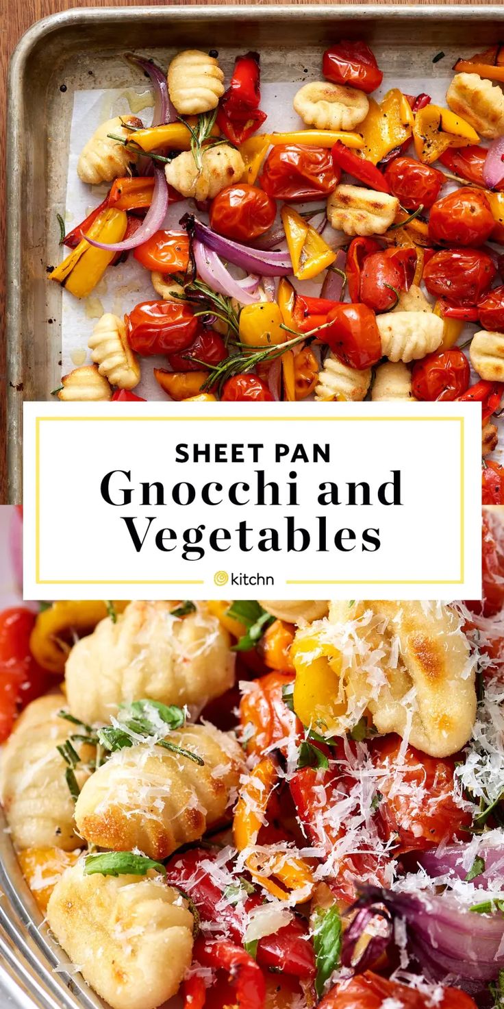 an image of a plate of food with the words sheet pan gnocchi and vegetables