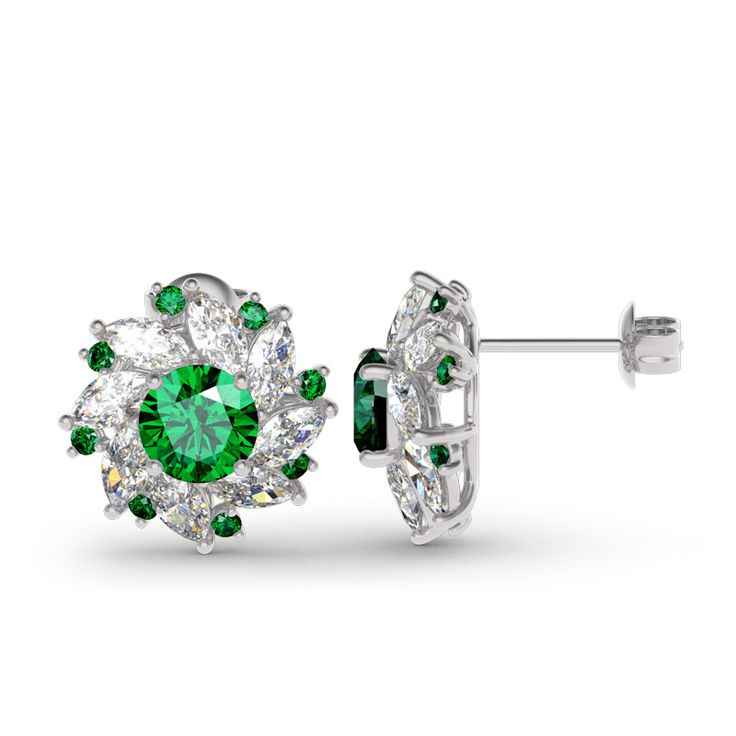 Beautifully crafted, this stunning style is sure to become a treasured keepsake. Inspired by ballerina's dancing dress, each earring features a shimmering round stone shines brightly at the center. Marquise cut stones and green round stones wrap the centerpiece in a sparkling embrace. Whether you are looking for a daily go to accessory or a perfect piece for that special occasion, this is the style for you. Carat Weight: 4.82 ctStone Size: 7 mmStone Type: Jeulia® StoneNumber of Stones: 2 Stone C Elegant Green Diamond Earrings With Brilliant Cut, Elegant Cluster Earrings With Halo Setting For Anniversary, Elegant Round Cluster Earrings With Halo Design, Elegant Round Cut Cluster Earrings With Halo Setting, Elegant Halo Cluster Earrings As Gift, Elegant Round Halo Design Cluster Earrings, Elegant Round Halo Cluster Earrings, Elegant Round Cut Halo Cluster Earrings, Elegant Flower Shaped Halo Earrings