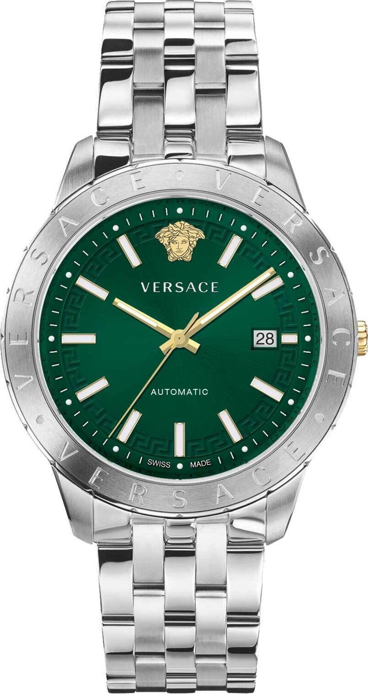 Versace VE2D00321 Univers Automatic green silver Stainless Steel Men's Watch NEW VERSACE VE2D003 21 UNIVERS AUTOMATIC Men's Watch FEATURES: Date MOVEMENT: Automatic GLASS: Sapphire Glass DIAL COLOR: green CASE WIDTH: 43 mm CASE MATERIAL: Stainless Steel CASE COLOR: silver BAND MATERIAL: Stainless Steel BAND COLOR: silver WATER RESISTANCE: 5 ATM EAN 7630030589874 SWISS MADE BRAND NEW WITH TAG, BOX & AUTHENTICITY CARD with Certilogo CLG authenticity code and 2 year international warranty powered by plentymarkets Grey Watch, Silver Water, Green Cases, Versace Watch, Versace Men, Stainless Steel Band, Swiss Made, Men's Watch, Green Fashion