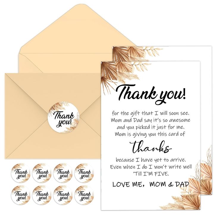 a thank card and envelope with matching stickers for the wedding guests to write on them