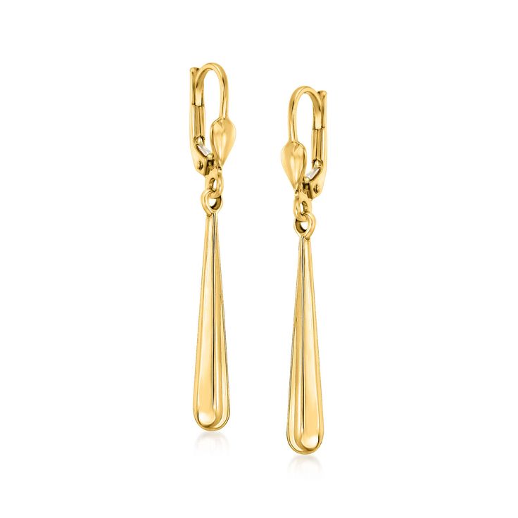 Ross-Simons - 10kt Yellow Gold Elongated Teardrop Earrings. Canaria fine jewelry. Perfect for everyday wear, these genuine 10kt gold wardrobe essentials are fashionable, fun and designed to last a lifetime. Strong and durable, our collection of gold classics is always a great value. These elongated teardrop earrings are sleek and bright in polished 10kt yellow gold. Add them to your outfits for a seamless transition from day to night. Hanging length is 1 5/8". Leverback, 10kt yellow gold elongat Formal Teardrop Danglers, Formal Drop Danglers, Classic Teardrop Chandelier Earrings, Classic Long Drop Chandelier Earrings For Formal Occasions, Classic Long Drop Single Earring, Classic Teardrop Linear Earrings, Classic Teardrop Linear Earrings With Ear Wire, Classic Drop Linear Earrings For Pierced Ears, Formal Long Drop Pierced Teardrop Earrings