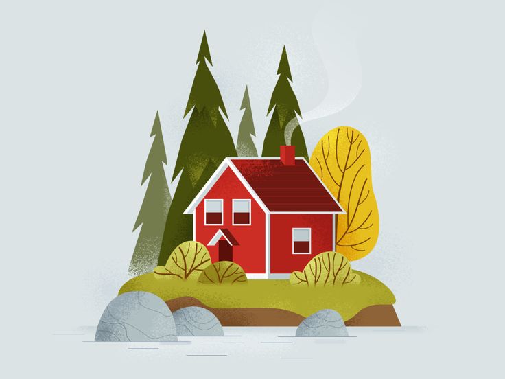 a red house surrounded by trees and rocks