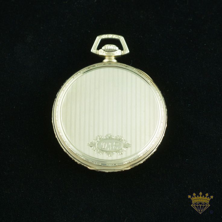 "Waltham Colonial 14 karat gold open-faced pocket watch c.1923 A.W.W.Co. Waltham U.S.A. Royal Size 12 17 Jewels 3 positions Adjusted Serial#24327674 1923 \"D.J.E.\" engraved on back plate in fancy script Recently serviced in store by RJR Watches, Robert Rasmussen 40 years in the business. Gold Crown Jewelers has 100's of fine and vintage timepieces all serviced by our own Master Watchmaker, Robert Rasmussen of RJR Watches. We will be steadily adding more of our collection to our etsy store, so c Antique Yellow Gold Watch Accessories With Subdials, Engraved Yellow Gold Pocket Watch With Round Dial, Timeless Compact Pocket Watch For Formal Occasions, Timeless Engraved Yellow Gold Watch, Self-winding Yellow Gold Pocket Watch With Round Dial, Self-winding Yellow Gold Pocket Watch, Classic Engraved Jewelry And Watches For Formal Occasions, Timeless Yellow Gold Self-winding Watches, Formal Yellow Gold Medallion Watch