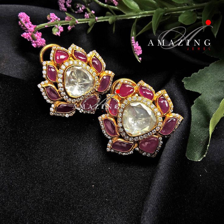 Moissanite Polki Earring | Polki Earring| | Indian Wedding Jewelry |Indian Moissanite Polki Earring| Material : Silver Gemstone: Moissanite, Hydro Ruby Chip Stones Stone colour: Uncut Polki Primary colour: Gold Size-Length: 60mm Width: 40mm Closure : Screw back and Clips Silver Intricate, hand crafted, Pure Silver Polki Earrings, studded with high quality Moissanite Polki Earring comes with screw back and clips, made in 92.5 silver with 22ct gold plating. Product comes with 92.5 silver hallmark. Kundan Studs Earrings Gold, Fusion Style Wedding Jewelry With Matching Earrings, Fusion Style Matching Earrings For Wedding, Wedding Diamond White Hand Set Earrings, Exquisite Diamond White Earrings For Wedding, Hand Set Diamond Earrings For Wedding, Dazzling Hand Set Diamond Earrings For Wedding, Dazzling Hand Set Diamond Wedding Earrings, Dazzling Hand-set Diamond Earrings For Wedding