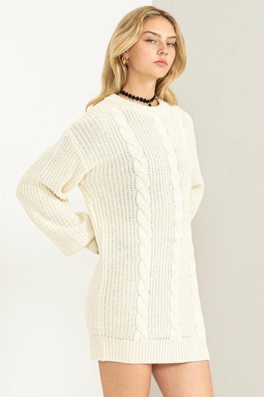 Indulge in style and comfort with the Cable-Knit Ribbed Mini Sweater Dress. This dress is designed to captivate, boasting a mix of knits that effortlessly exude chic vibes. With a crew neck, drop shoulders, and long sleeves, it offers a blend of fashion and coziness. The body-hugging fit accentuates your curves in an alluring manner, making it a must-have piece for your wardrobe. Material: 100% Acrylic Stretch fabric Non-sheer fabric Care Instructions: Machine wash cold-Gentle cycle-Tumble dry l