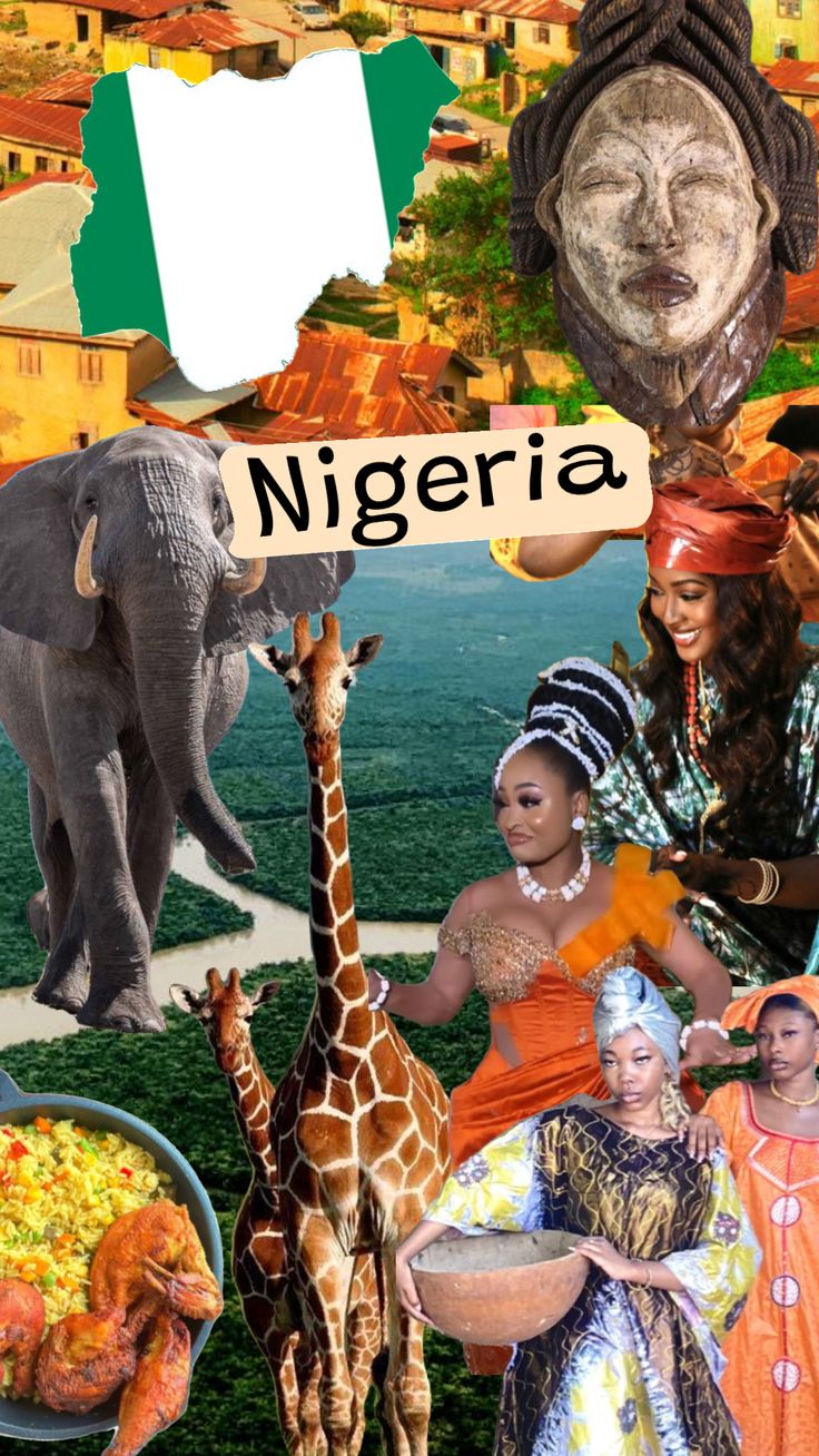 collage of people and animals with the word nigeria written on them in different languages