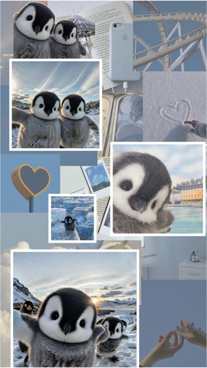 several pictures of penguins with hearts in them