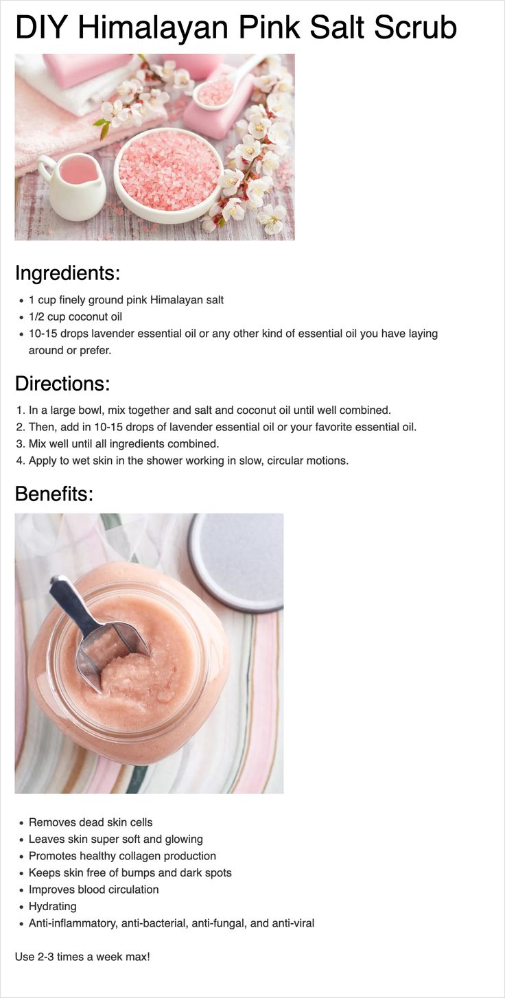 Pink Himalayan Salt Scrub Diy, Pink Salt Body Scrub Diy, Bath Salt Scrubs Diy Recipes, Natural Diy Body Scrub, Bath Salt Packing Ideas, Skin Care Project Ideas, Body Products To Make And Sell, Pink Himalayan Salt Bath Soak, Pedicure Scrub Diy Recipes