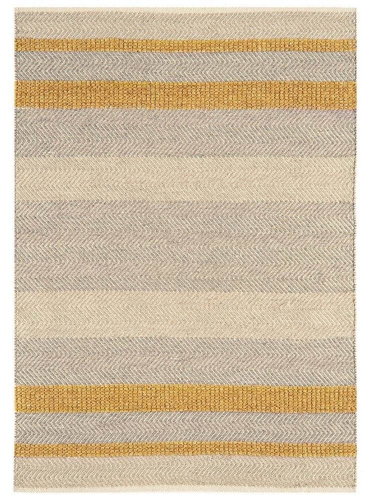 an area rug with yellow and grey stripes on the bottom, along with a white background