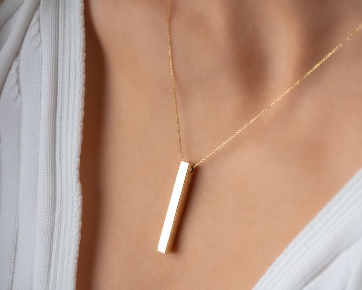 "14k Solid Gold 3D Bar Necklace / Vertical Bar Necklaces / Gold Bar Pendant  / Halloween Gift / Necklaces For Women /Mothers Day Gift / Handmade Jewelry * Gold KT: 14K Solid Gold * Gold Color: 14k Yellow Gold * Chain Lengths: 14\", 15\", 16'', 18\", 20\", 22\", 24\" *  Follow on Instagram - @bayargold.tr My Web Site - https://www.bayargold.com * Bayar Gold is a fine jewelry company. Please do not hesitate to ask us questions. We are always here to help you. * All items are packed in the high-quality jewelry box. The gift message is available. Please let us know what to write by leaving us a note at checkout.  * Gift wrapping available.  Express shipping * United States: 4-6 business days * Canada: 4-6 business days * Europe: 4-6 business days * Australia: 4-6 business days * UK: 4-6 busine Cat Necklace Gold, Gold Bar Pendant, Bar Necklaces, Vertical Bar Necklace, Lovers Necklace, Vertical Bar, Necklaces Gold, Gold Bar Necklace, Bar Pendant