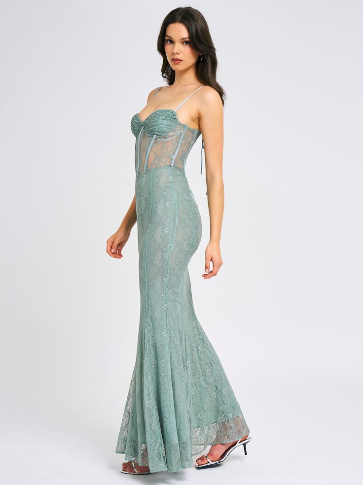 Behold the Janelle dress, a mesmerizing mermaid maxi seamlessly blending timeless elegance with modern charm. With a sweetheart neckline and adjustable straps, it guarantees a flawless fit. Crafted from luxurious lace fabric and fully lined for comfort, it showcases a V-shape waistline that beautifully accentuates your silhouette. The mermaid skirt adds a dramatic flair, while the lace-up back detail and invisible zipper ensure a seamless and secure finish. Perfect for formal occasions, this dre Fitted Bodice Floor-length Mermaid Dress For Gala, Evening Gown With Fitted Bodice And Sweetheart Neckline, Evening Gown With Sweetheart Neckline And Fitted Bodice, Sweetheart Neckline Gown With Corset Back, Sweetheart Neckline Gown For Prom Season, Elegant Mermaid Dress With Spaghetti Straps For Evening, Elegant Spaghetti Strap Mermaid Dress, Gala Gown With Corset Back And Sweetheart Neckline, Sweetheart Neckline Evening Dress With Corset Back