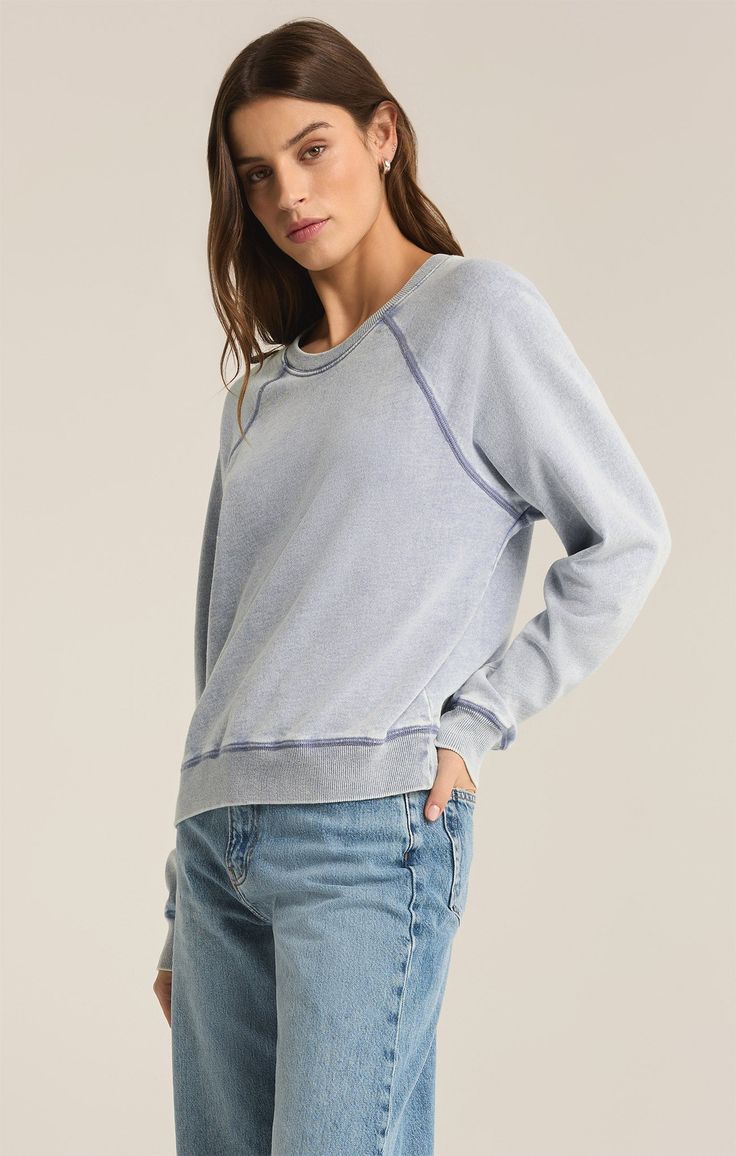 Channel a laid-back, effortlessly cool feel with this crew neck knit denim top. Made from our lightweight knit denim french terry, given a mineral wash for a worn-in look and feel, the reverse cover stitch detailing adds an extra touch. Z SUPPLY Women's Saldana Knit Denim Top, Washed Indigo, Large Cozy Tops, Knit Denim, Crop Top Sweater, Crop Top Blouse, Lightweight Knit, Blazer Coat, Denim Top, Denim Fabric, Long Sleeve Pullover