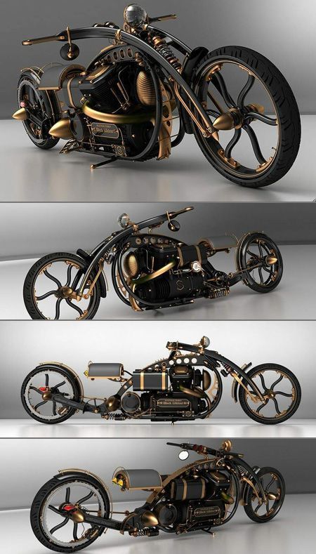 three different views of an old motorcycle with gold trimmings and black tires, on a gray background