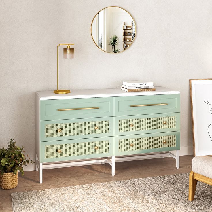 Modern 6 Drawer Dresser Bedroom Dresser Colors, White And Green Dresser, Bedroom Green Dresser, Trendy Dressers, Green Dresser Bedroom, Bedroom Dresser Ideas, Bohemian Dresser, Dresser Modern Design, Dresser Inspo