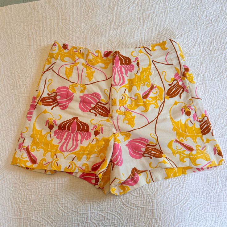 Excellent Condition And Unworn Shorts From Zara. Very High Waisted, True To Size M. Linen Cotton Blend Shorts So Great For Hot Weather. Chic Fitted Yellow Shorts, Fitted Floral Print Shorts, Chic Yellow Bottoms With Built-in Shorts, Chic Yellow Shorts With Built-in Lining, Chic Yellow Shorts With Built-in Shorts, Fitted Mustard Bottoms For Beach, Chic Yellow Shorts For Day Out, Yellow Floral Print Shorts, Zara Yellow Bottoms For Vacation