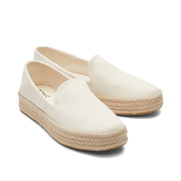 Our flatform Carolina slip-on is the perfect blend of form and function. With a just-right espadrille height to elevate your day, a chic rope wrap to take your outfits up a notch, and cushy insoles to keep you comfy. Make them your new closet staple. Heavy twill textile upper. Removable OrthoLite® EcoLT-Hybrid™ insole for enhanced comfort and breathability made with 26% eco content including 15% hybrid materials, 6% bio-oil and 5% recycled rubber. Rope-wrapped flatform midsole with DTM top stitc Toms Espadrilles, Espadrille Sneakers, Women's Espadrilles, Platform Espadrilles, Woven Design, Platform Sneaker, Low Heels, Slip On Shoes, Womens Sneakers