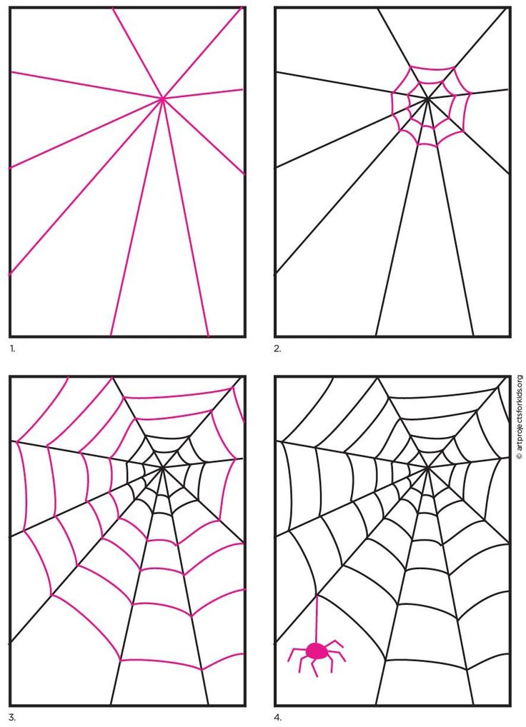 four spider webs are shown in three different ways, one is pink and the other has