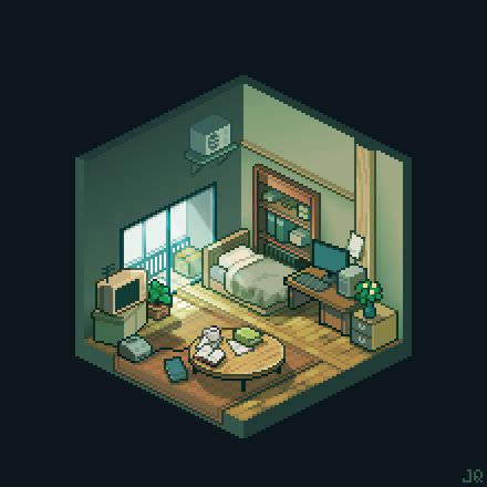 an image of a living room in the style of pixel art, with furniture and decor