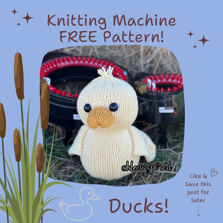 a knitted duck sitting in the grass next to some potted plants and an advertisement for knitting machine free pattern