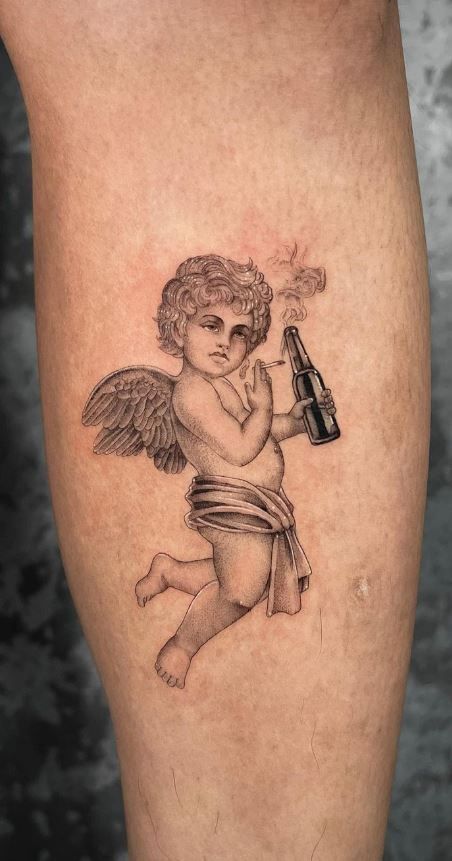 Cowboy Angel Tattoo, Angle Tattoo Design, Good Angel Bad Angel Tattoo, Bad Angel Tattoo, Cherub Tattoos, Cherubim Angels Tattoo, Cherub Angel Tattoo, Trumpet Tattoo, Cherub Tattoo Designs