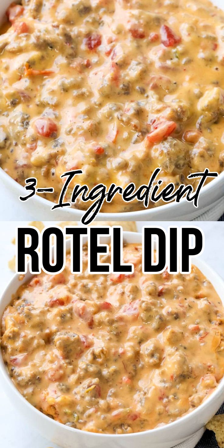 three images showing different types of dips in white bowls with text overlay that reads 3 ingredient rotel dip