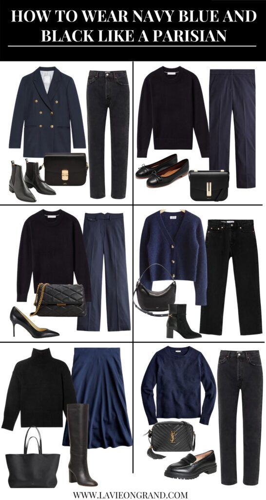 Navy Womens Outfits, Navy Neutral Outfit, Black And Navy Capsule Wardrobe, Navy Blue Cardigan Outfit Fall, Polished Style Minimal Classic, Black And Navy Winter Outfit, Navy And Black Work Outfit, French Outfit Style Winter, Parisian Business Style