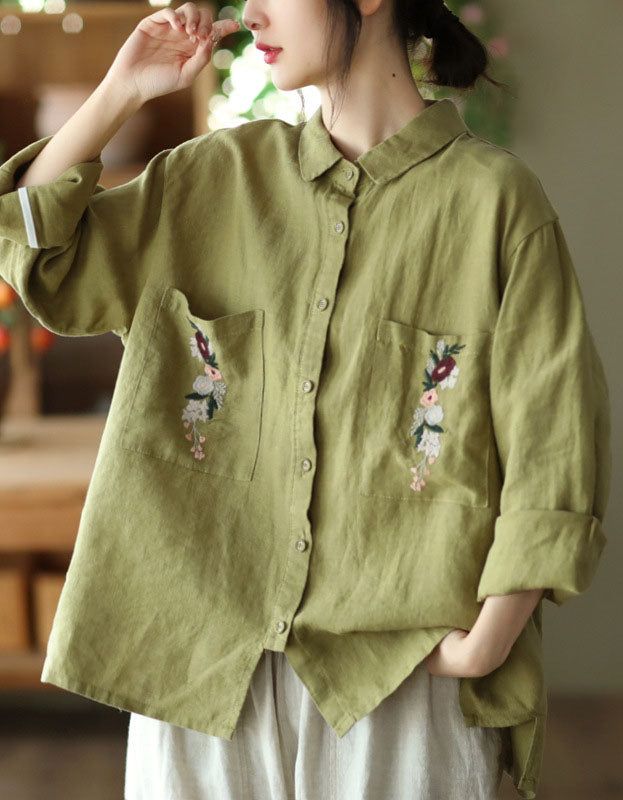 Features: Item: Linen Shirt Material: 100% Linen Gender: Women Color:  Coffee, Red, Green Size: One Size Size Length(cm) Bust(cm) Sleeve Length 　Shoulder One Size 64 124 48 　48 Dubai Trip, Linen Outfits, Casual Cotton Top, Sewing Things, Coord Set, Woman Dresses, Chic Shirts, Loose Shirt, Color Coffee