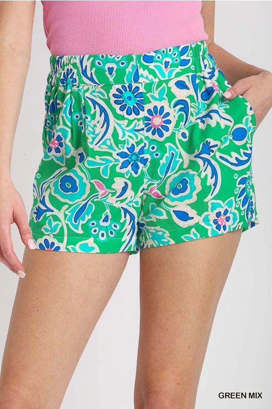 floral print shorts with elastic waist Green Bottoms With Built-in Shorts For Spring, Floral Print Shorts For Spring Day Out, Casual Spring Pajama Shorts, Green Bottoms With Elastic Waistband For Spring, Floral Print Shorts For Spring, Relaxed Fit Green Shorts For Vacation, Green Summer Pajama Shorts With Elastic Waistband, Beach Shorts With Elastic Waistband In Green, High-waisted Shorts With Elastic Waistband For Day Out