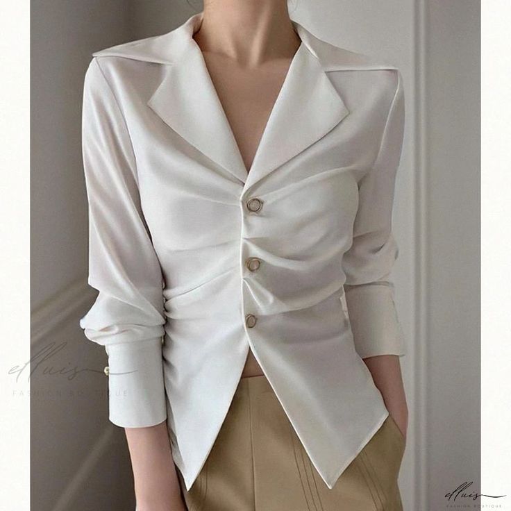 Elluis - Elegantly Refined: Sophisticated and Figure-Enhancing White Blouse Elegant Semi-formal Tops With Lapel Collar, Elegant Tailored V-neck Top, Chic Blouse With Lapel Collar, Semi-formal Fitted V-neck Blouse, Fitted V-neck Semi-formal Blouse, Fitted V-neck Blouse For Semi-formal Occasions, Chic Blouse With Lapel Collar For Office, Chic Office Blouse With Lapel Collar, Fitted Blouse With Lapel Collar For Office