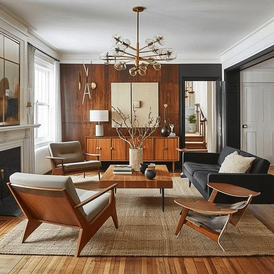 a living room filled with furniture and a fire place in front of a mirror on the wall