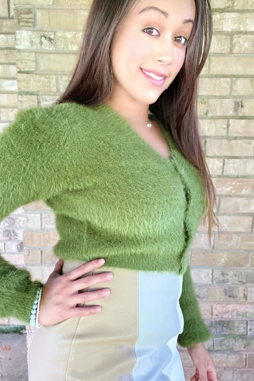 The Ariana Crop sweater is the perfect fall transition sweater. We loved it paired with a cute little mini skirt or a comfortable pair of denim! Details: Long Sleeve Cropped Super Soft 100% Nylon Trendy Green Sweater For Layering, Fitted Soft Knit Cropped Sweater For Fall, Fitted Green Cropped Sweater With Long Sleeves, Cute V-neck Fall Sweater, Spring Layering Cropped Sweater In Soft Knit, Spring Layering Cropped Soft Knit Sweater, Spring Layering Soft Knit Cropped Sweater, Soft Knit Cropped Sweater For Spring Layering, Fitted Soft Texture Winter Sweater