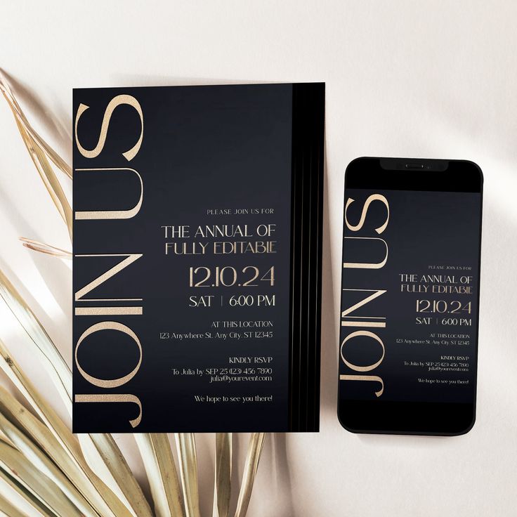 an iphone next to a black and gold business card on a white table with palm leaves