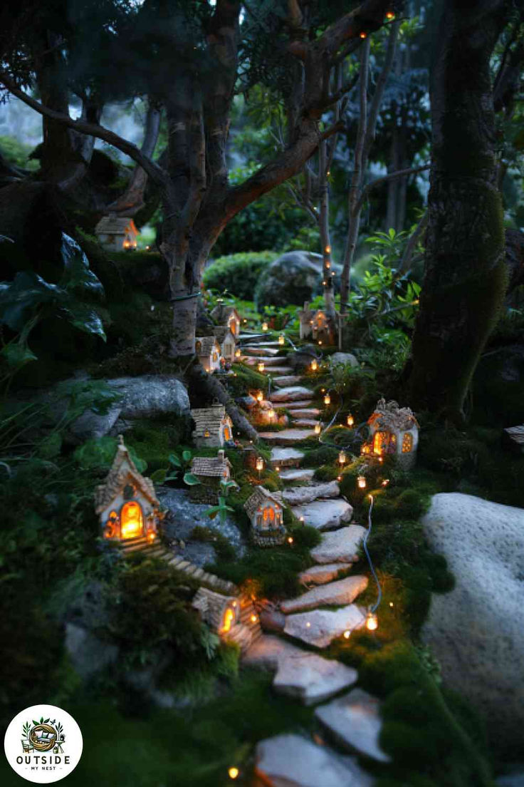 a path made out of rocks with candles lit up in the middle and surrounded by trees