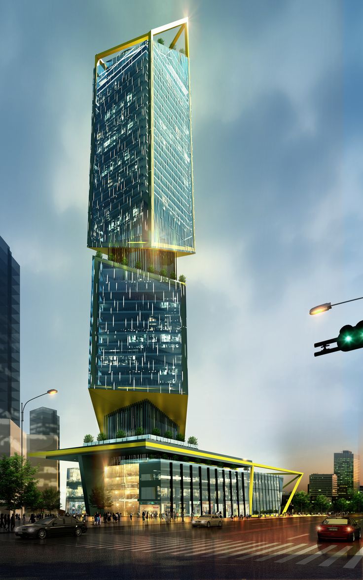 an artistic rendering of a tall building in the city