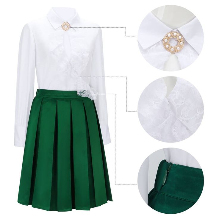 a woman wearing a green skirt and white shirt with buttons on the front, two different views