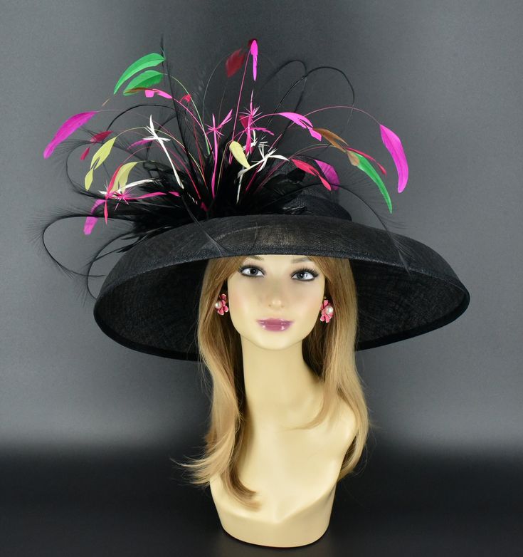 ✿*.Key Features.*✿ This is a Audrey Hepburn Style Hat with jumbo special feathers. 19.75"(50cm) extra wide brim, the widest stiff brim  hat in my store!  It's very beautiful. Great for Kentucky derby, weddings, church, Easter, Royal Ascot, horse races, cocktails, tea party, or any hat wearing occasion. Hat base size: From front to back: 19.75" (50cm) From left to right: 19.75" (50cm) Wide brim Appr: 7~7.5"" Head girth: 22.5"(57cm), adjustable string inside to make smaller to fit your head.   If you want other colors in this style, just search the same item code in my store, you will find them. ✿*.Tip.*✿ ❣️If you want a customized piece, please follow the instructions below: 🔹Present style of hat or fascinator you would like from the store, with additional photos of your outfit and any oth Black High Crown Hat For Races, Black Summer Hat With Feather Trim, Black Summer Hats With Feather Trim, Summer Black Hats With Feather Trim, Black Feathered Hats And Headpieces For Kentucky Derby, Black Feathered Costume Hats For Kentucky Derby, Black Feathered Hats For Kentucky Derby, Kentucky Derby Black Feathered Costume Hats, Black Feathered Hats For Royal Ascot