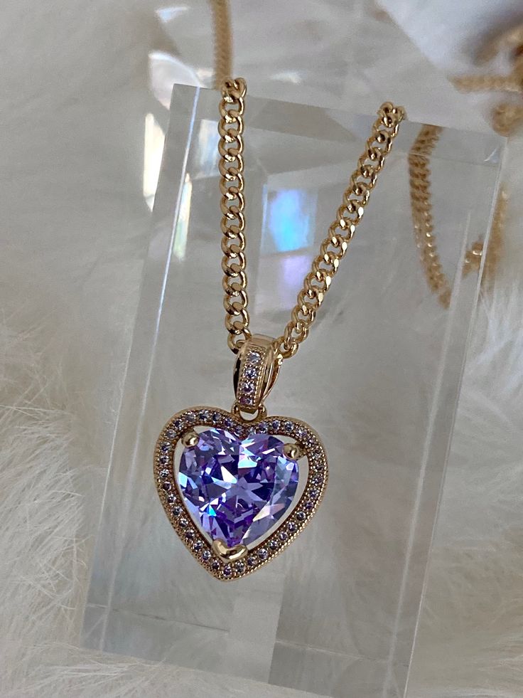 purple heart necklace, purple crystal heart necklace, purple heart shaped necklace, light purple heart necklace, heart necklace gold, heart necklace for girlfriend, dainty heart necklace, Vanessa Mooney MINI HEART NECKLACE PURPLE