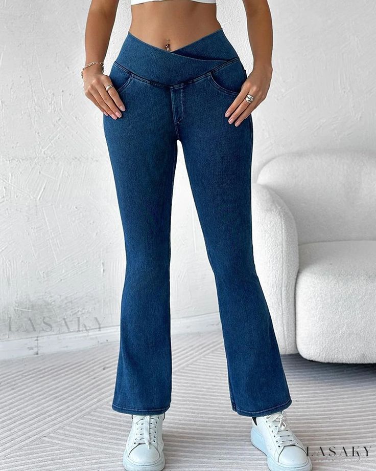 Lasaky - Tailored Denim Flared Athletic Leggings with Convenient Pocket Design High Waist Jeans For Fall, Casual Non-stretch Jeans, Non-stretch Mid-rise Cargo Pants, Casual High-waist Non-stretch Flare Jeans, Casual Full Length Non-stretch Flare Jeans, High Waist Stretch Flare Jeans In Solid Color, High Waist Stretch Flare Jeans, Stretch Dark Wash Flare Jeans With Pockets, Full Length Fitted Jeans