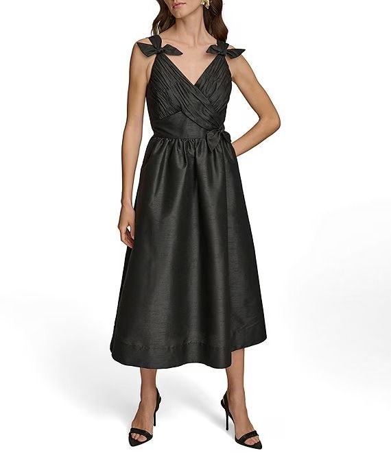 Donna Karan Sleeveless V-Neck Bow Detail Dress | Dillard's V-neck Midi Dress With Ruched Bodice For Gala, Sleeveless Midi Dress With Pleated Bodice For Gala, Spring Cocktail V-neck Dress With Fitted Bodice, Chic V-neck Dress With Sweetheart Neckline For Evening, Chic V-neck Dress With Ruched Bodice, Spring Evening V-neck A-line Dress, Sleeveless Fit And Flare Gala Midi Dress, V-neck Midi Dress With Pleated Bodice, V-neck Midi Dress With Pleated Bodice For Evening