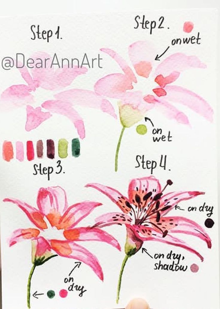 a person holding up a watercolor painting with flowers on it and instructions to paint them