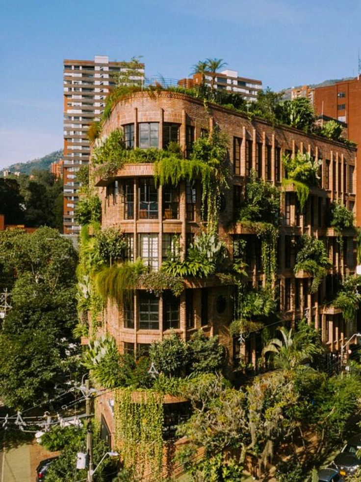 an apartment building with plants growing on it