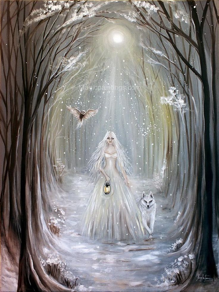 a painting of a woman and two dogs in the woods