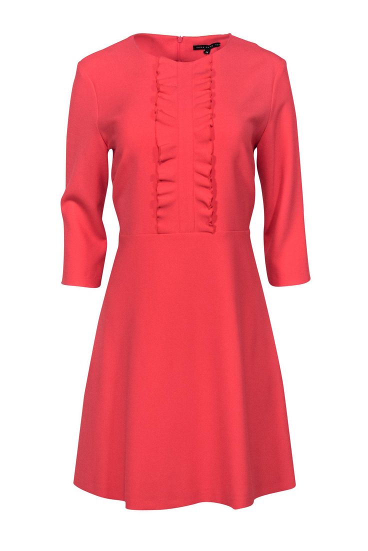 Current Boutique-Tara Jarmon - Coral Long Sleeved Ruffle Dress Sz 14 Chic A-line Ruffle Dress For Spring, Fitted Ruffle Midi Dress For Daywear, Feminine Fitted A-line Ruffle Dress, Classic Spring Mini Dress For Cocktail, Classic Spring Cocktail Mini Dress, Elegant Fitted Ruffle Dress For Spring, Classic Spring Mini Dress For Party, Formal Midi-length Ruffle Dress, Formal Fall Midi Dress With Ruffles