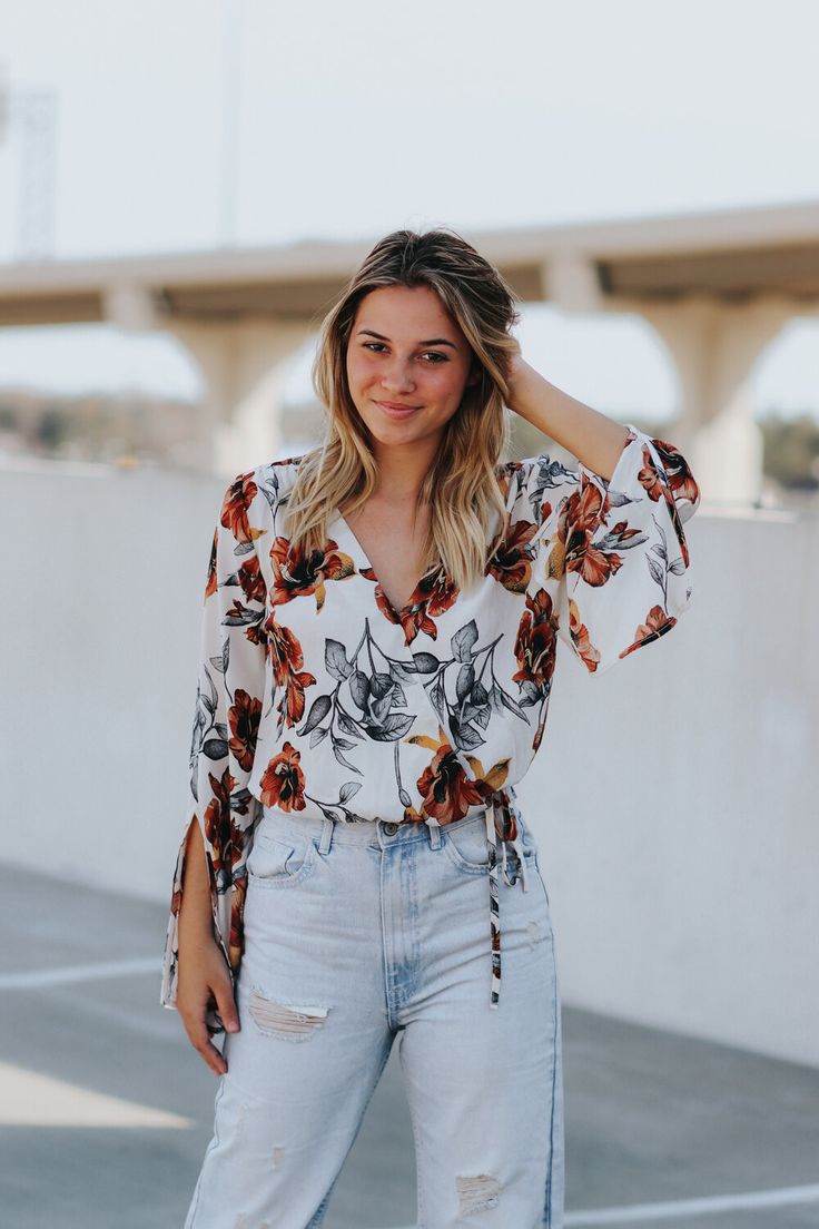 Long bell sleeve V-neck floral print blouse.Abi is wearing a size smallLightweight blendThis item is final sale. Trendy V-neck Floral Print Blouse, Chic Floral Print V-neck Top, Feminine V-neck Printed Blouse, Flowy V-neck Blouse With Floral Print, Long Sleeve Floral Print Summer Blouse, Flowy Floral Print Blouse For Brunch, Casual Bell Sleeve Blouse For Spring, Fall Floral Print Blouse For Brunch, Spring Floral Print V-neck Blouse