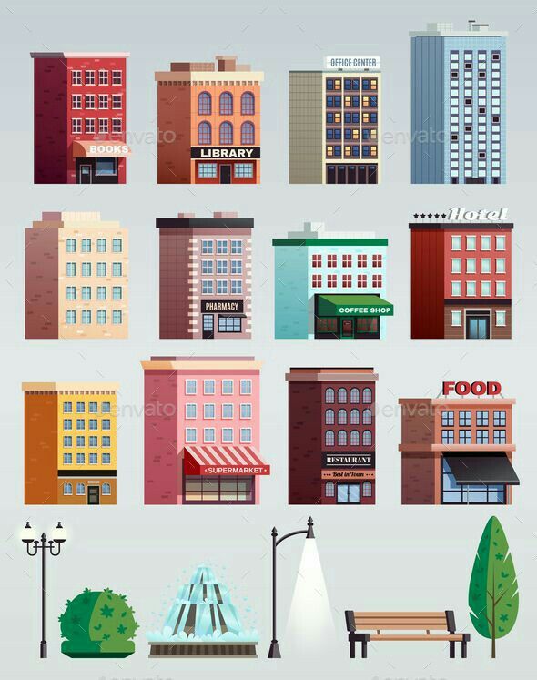 the different types of buildings are shown in this illustration